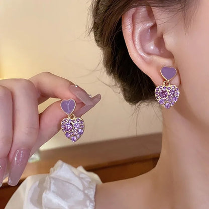 Korean Purple Crystal Heart Drop Earrings 925 Silver Needle