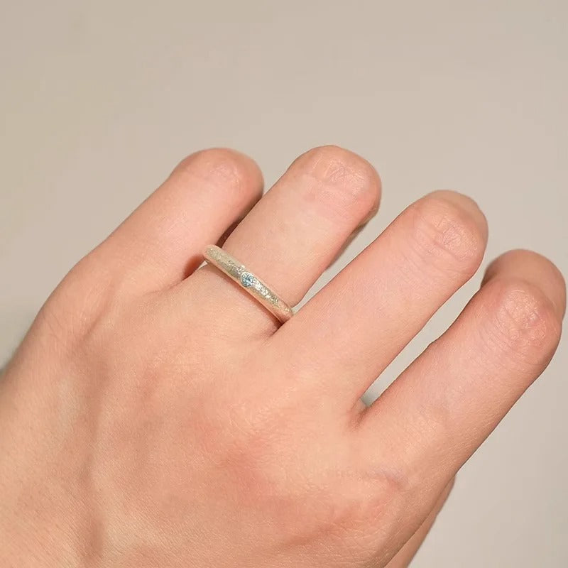 925 Sterling Silve Blue Zircon Ring for Women Girl Frosted Texture Minimalism Sweet Jewelry Birthday Gift