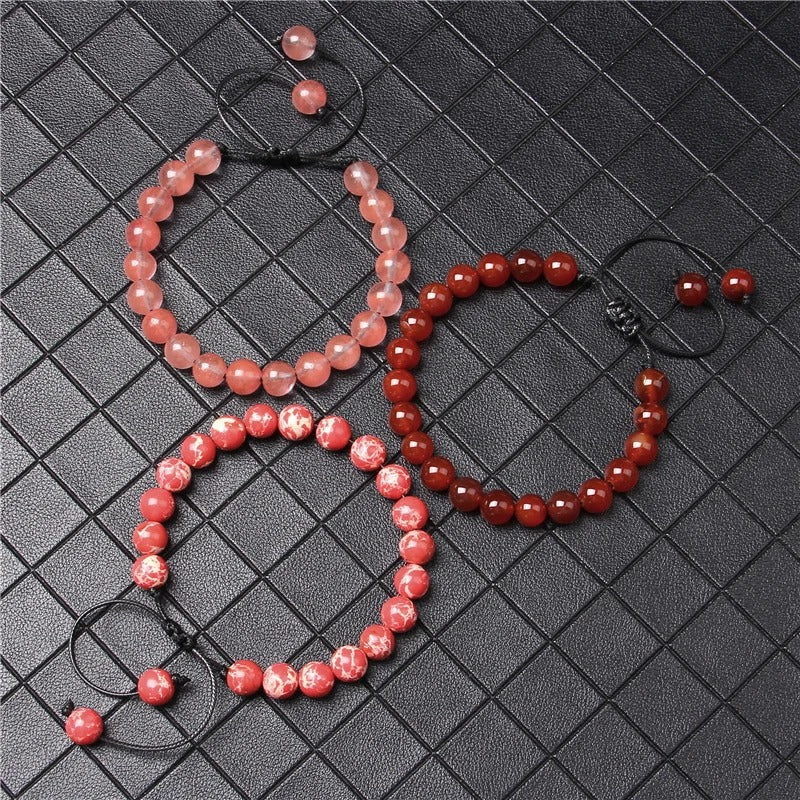 Adjustable Red Stone Bead Bracelet Braided Rope Jewelry for Women