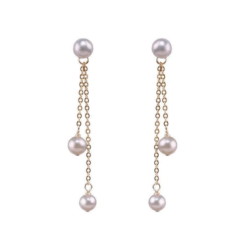 Korean Pearl Tassel Drop Earrings Women Wedding Party Jewelry