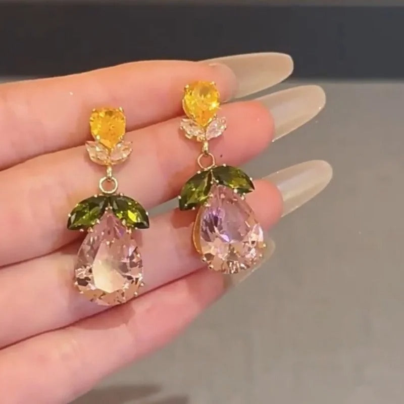 Pink Zircon Water Drop Flower Dangle Earrings for Women
