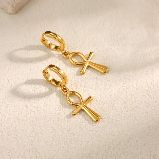 Vintage Gold Ankh Hoop Earrings Women Key of Life Christmas Jewelry