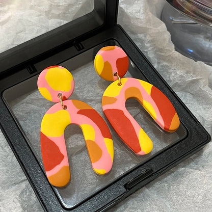 Colorful Arched Polymer Clay Drop Earrings Handmade Women