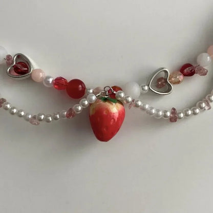 Sweet Charm Imitation Pearl Chain Strawberry Pendant Necklace for Women Wed Bridal Love Heart Choker Aesthetic Jewelry