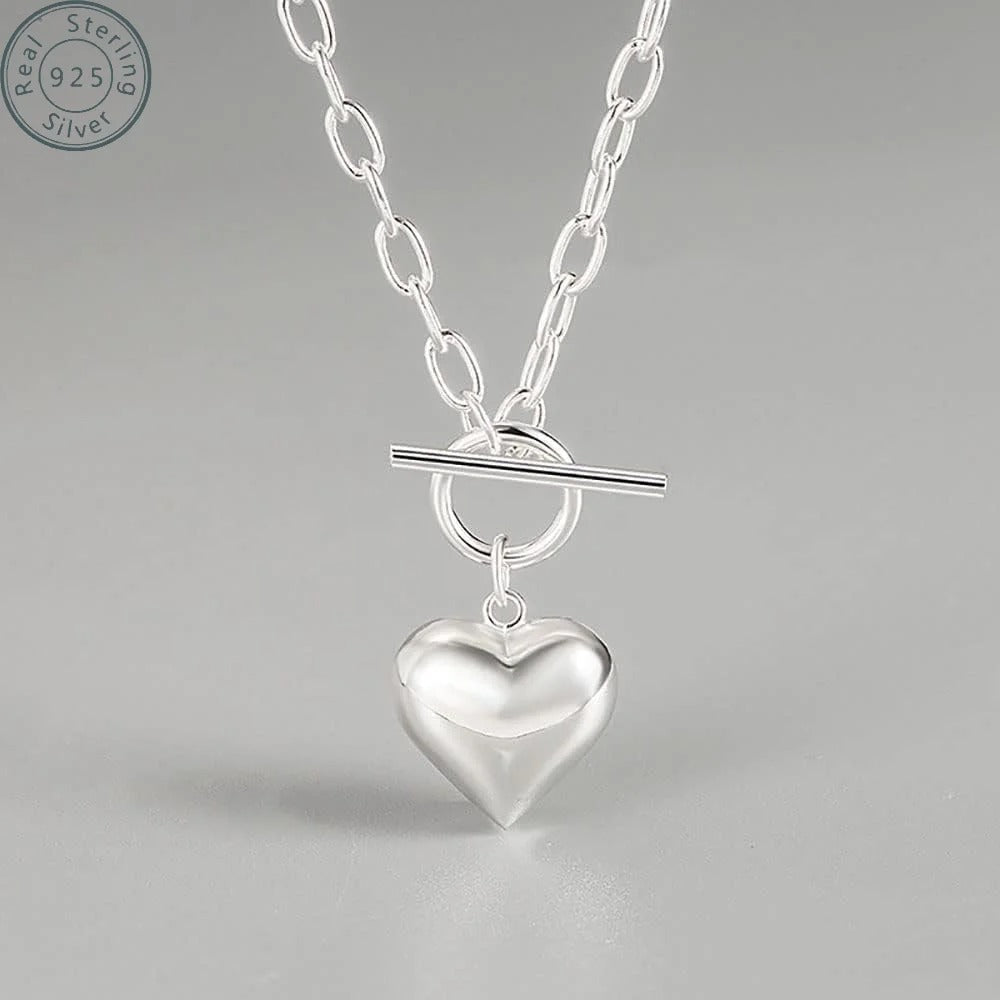 925Sterling Silver Cute Simple Heart Pendant Necklace Trendy Elegant Short Clavicle Chain Jewelry for Women