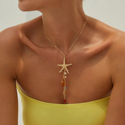 Ingemark Bohemia Starfish Scallop Crystal Long Tassel Pendant Necklace For Women Summer Beach Vacation Charm Jewelry Accessories