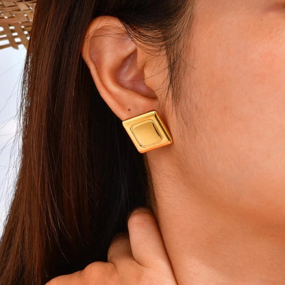Metal Square Stud Earrings Women Minimalist Stainless Steel Jewelry