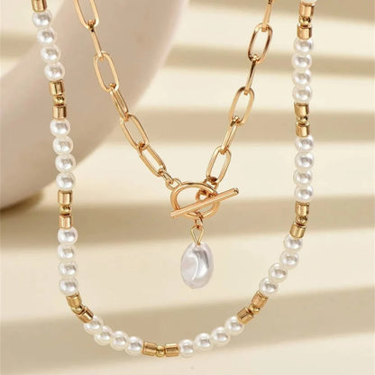 New Vintage Punk Metal Bead Chain Artificial Pearl Pendant Necklace For Women Boho Fashion Multilevel Jewelry Gift