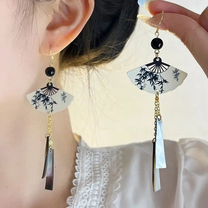 Ethnic Fan Shell Tassel Earrings Long Dangle Jewelry for Women