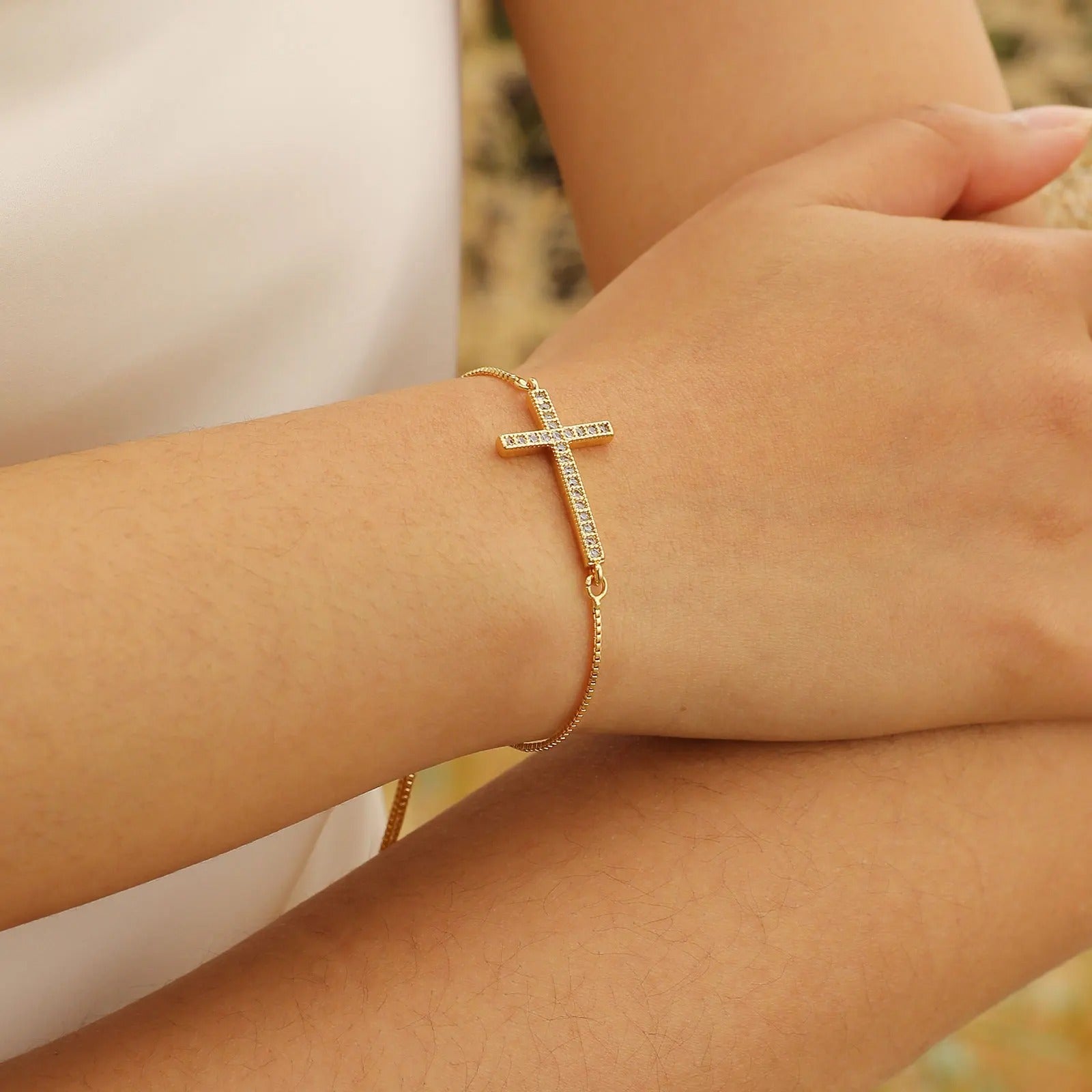 Full CZ Stones Cross Bracelets for Women Teens, Gold Color Slim Box Link Chain Bracelets Wristband,Religion Faith Accessory