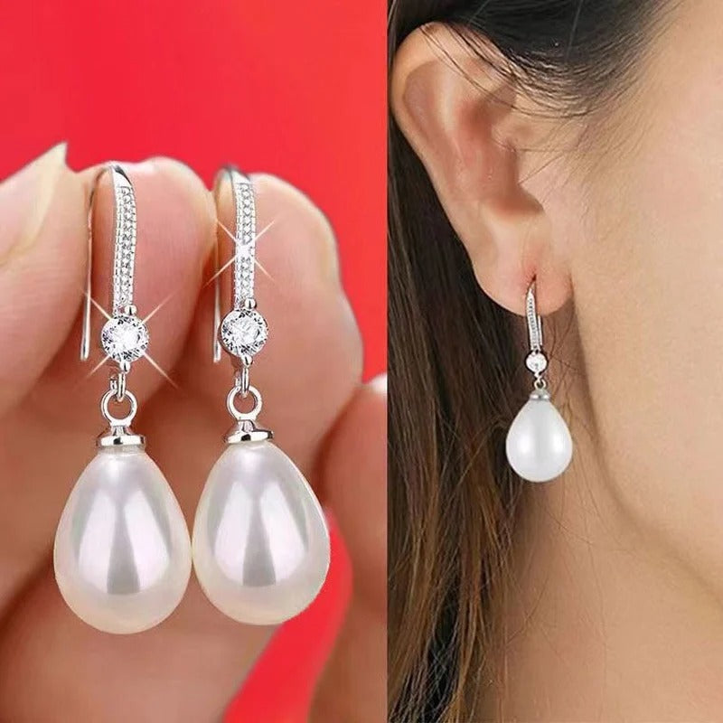 2025 Elegant and Fashionable Women's Water Drop Imitation Pearl Earrings Red and White Round Oval Wedding Jewelry Birthday Gifts