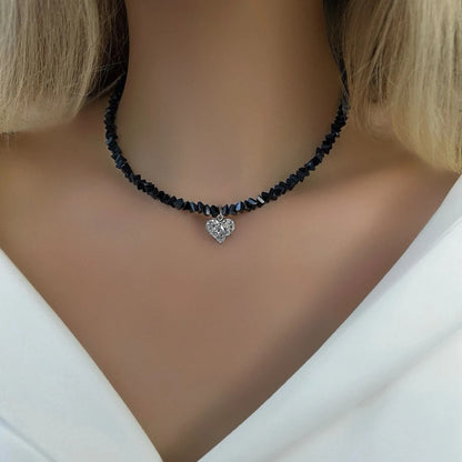 Black Beads Necklace With Heart Pendant Female Jewelry Luxury Rhinestone Choker Necklaces Women Ladies Party Necklace