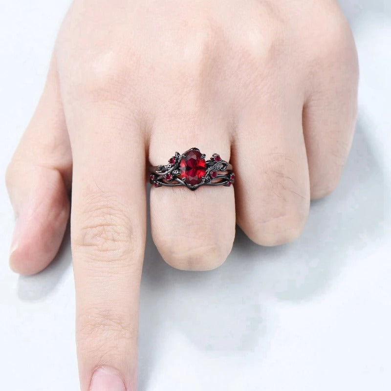 Elegant women's retro style ring gun black rose branches crossed two-piece set classic wedding fashion jewelry
