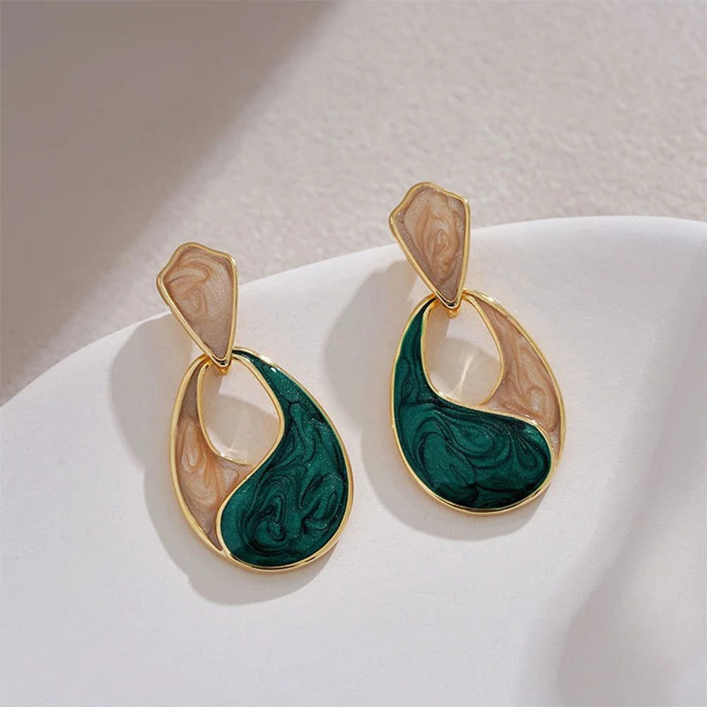 Trendy Patchwork Water Drop Earrings Green Enamel Hollow Jewelry
