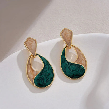 Trendy Patchwork Water Drop Earrings Green Enamel Hollow Jewelry