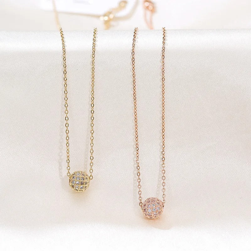 Luxury Shiny Full Zircon Lucky Bead Pendant Necklace for Women Temperament Stainless Steel Korea Chokers Jewelry Gift Colorfast