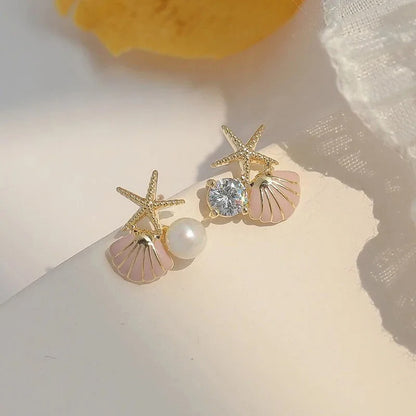 New Starfish Shell Imitation Pearl Enamel Asymmetric Stud Earrings For Women Girl Wedding Jewelry Lady Temperament Pendientes