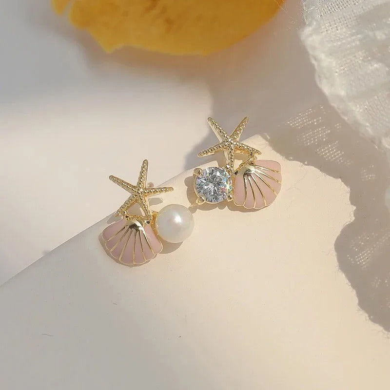 New Starfish Shell Imitation Pearl Enamel Asymmetric Stud Earrings For Women Girl Wedding Jewelry Lady Temperament Pendientes