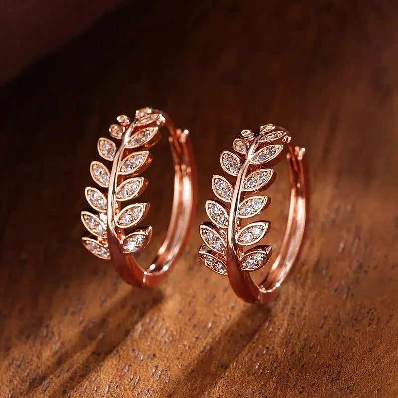Leaf Olive Small Hoop Earrings Women Shiny Crystal CZ Jewelry