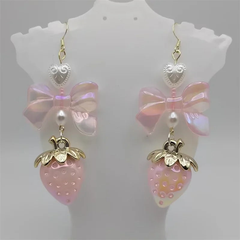 Pastel strawberry coquette cottage core bow earrings pearl heart milky