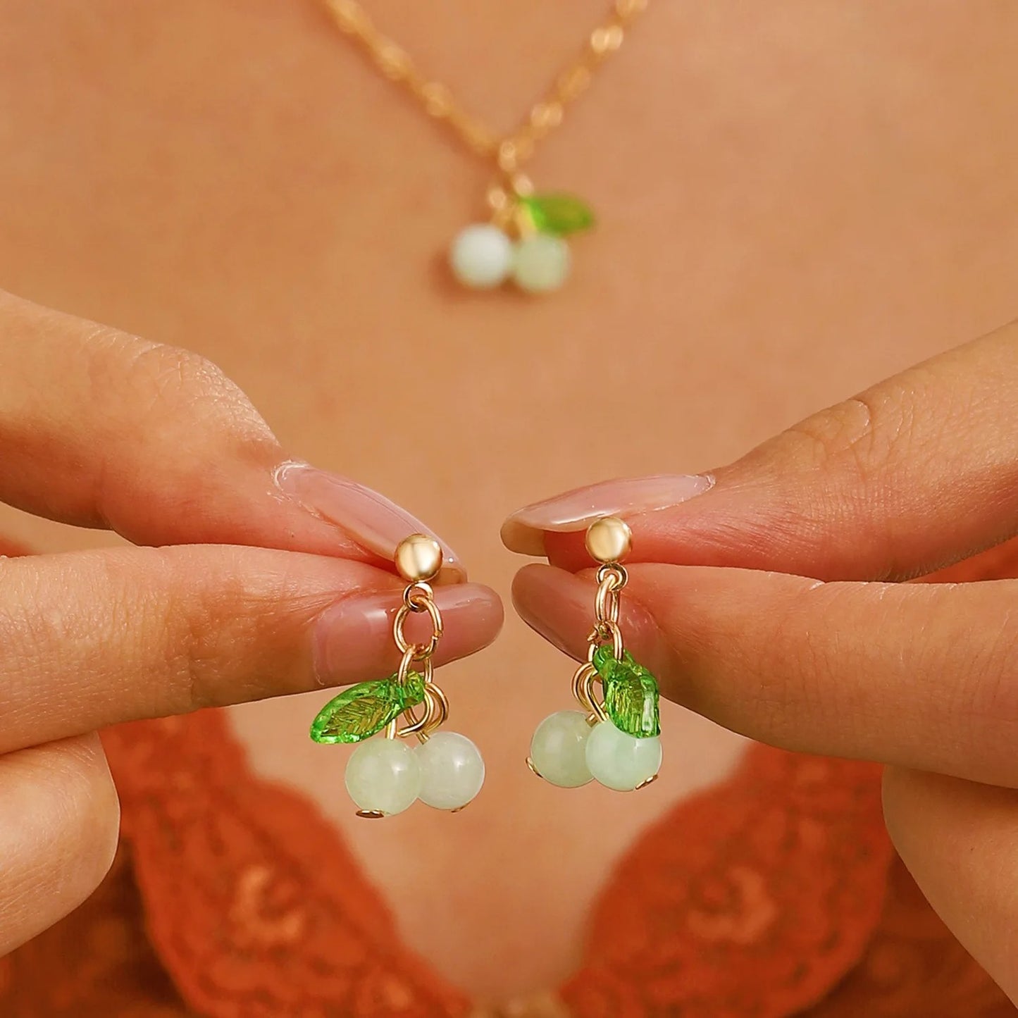 Red Cherry Necklace & Earring Set for Women Party Jewelry Gift