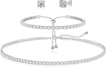 Tennis Necklace Bracelet for Women Sliver Plated Dainty Chocker Necklace Earrings Bracelet for Women Wedding Jewelry for women