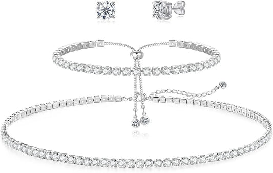 Tennis Necklace Bracelet for Women Sliver Plated Dainty Chocker Necklace Earrings Bracelet for Women Wedding Jewelry for women