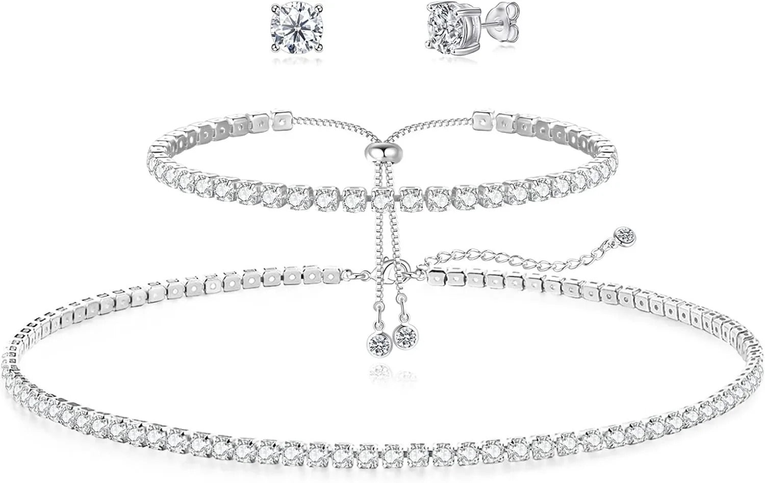 Tennis Necklace Bracelet for Women Sliver Plated Dainty Chocker Necklace Earrings Bracelet for Women Wedding Jewelry for women