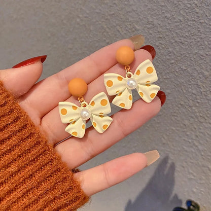 Women’s Korean Style Bowknot Earrings Polka Dot Pearl Party Jewelry