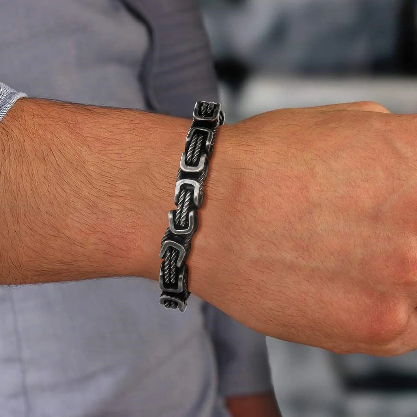 Men’s Chunky Byzantine Bracelet 8mm Grey Stainless Steel Wristband
