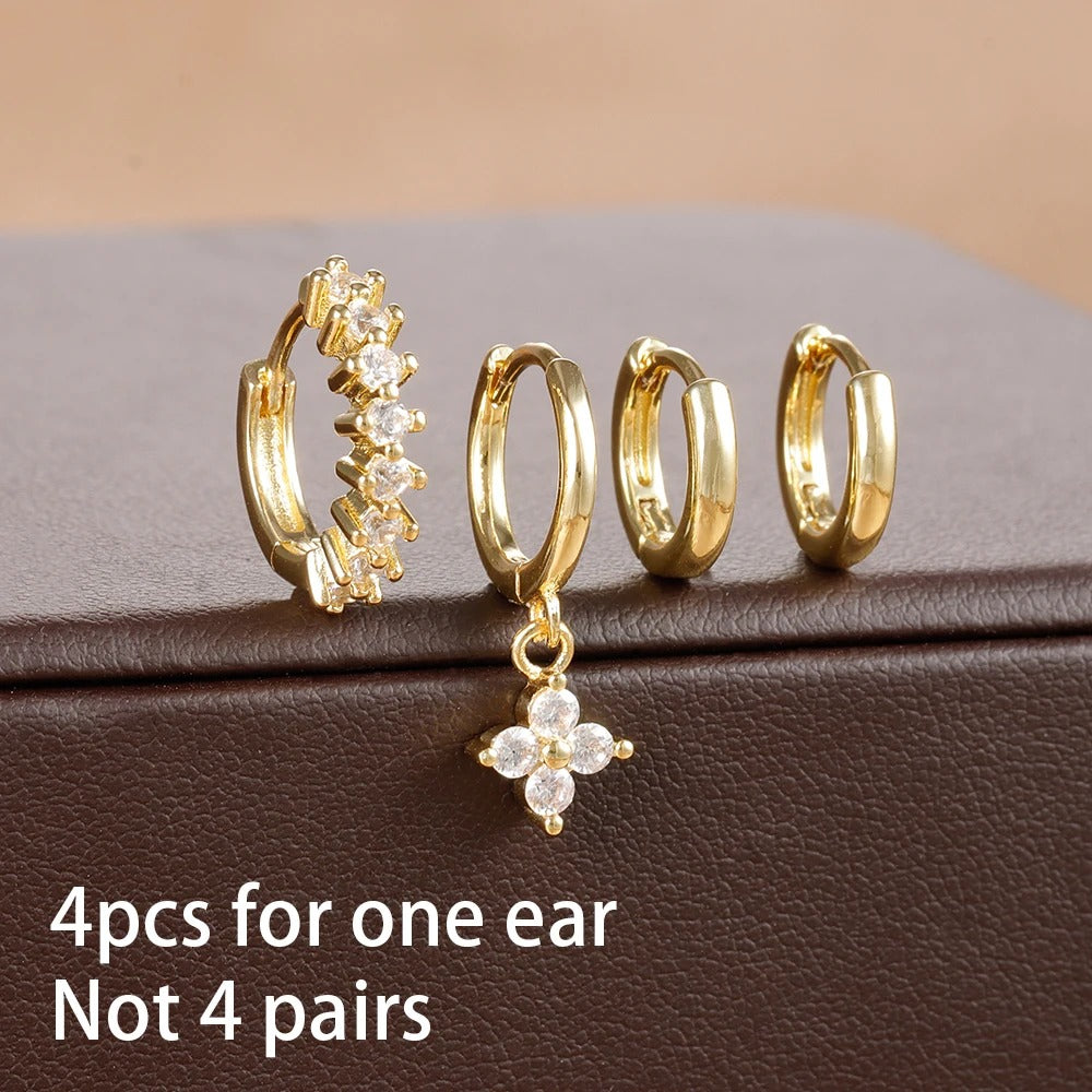 4-Pc 18K Gold Plated Cubic Zirconia Flower Hoop Earrings for Women