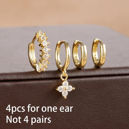 4-Pc 18K Gold Plated Cubic Zirconia Flower Hoop Earrings for Women