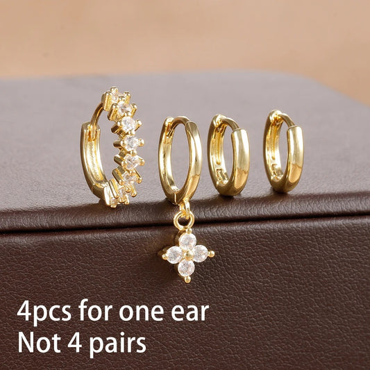 4-Pc 18K Gold Plated Cubic Zirconia Flower Hoop Earrings for Women