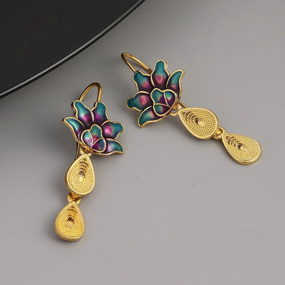 Blue Lotus Flower Drop Earrings for Women Gold Teardrop Statement Jewelry Gift
