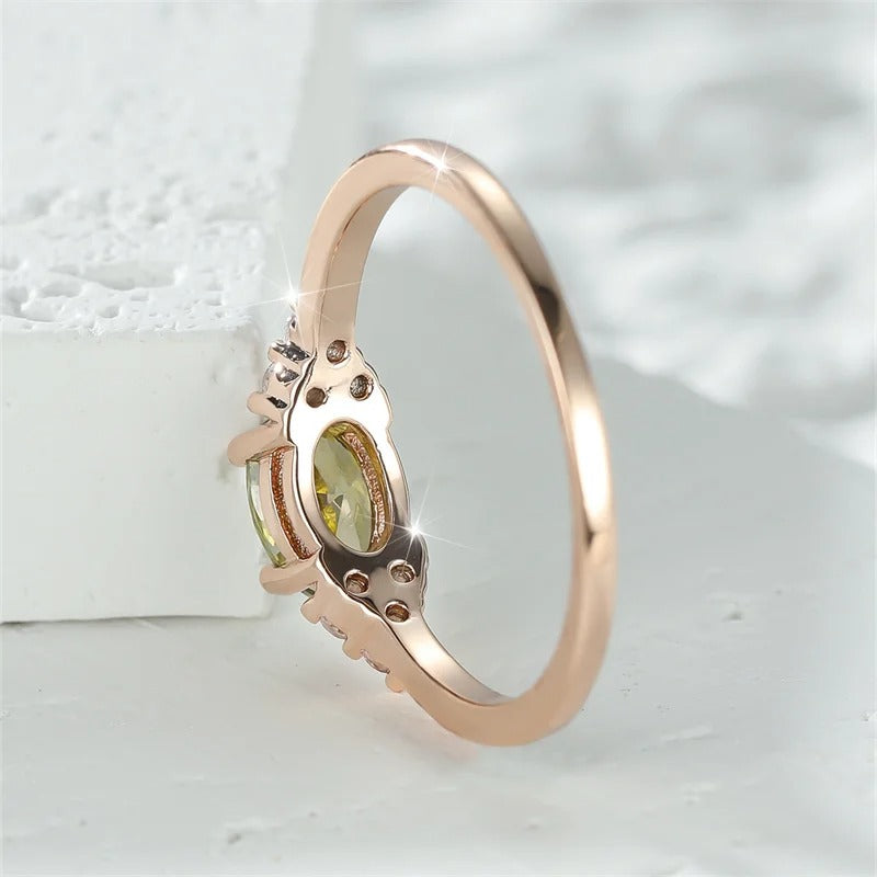 Olive Green Oval Zircon Ring for Women Rose Gold Minimalist Band