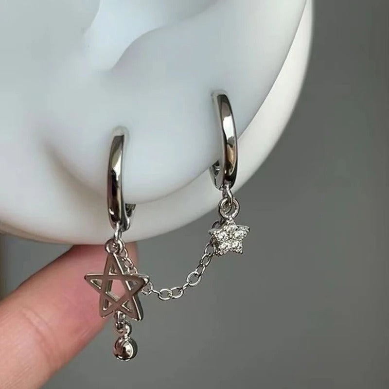 1PCS Silver Color Star Chain Double Ear Hole Ear Bone Nail Y2K Fashion Hottie Earrings For Women Jewelry