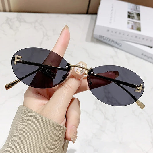 Rimless Retro Oval Metal Sunglasses for Women UV400