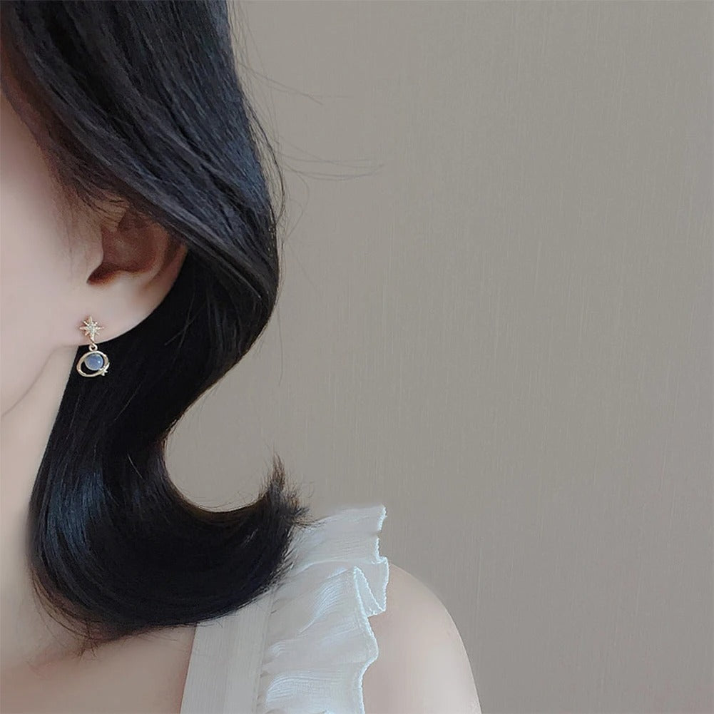 Cosmic star and river earrings for women, unique blue opal niche planet earrings, versatile ear jewelry