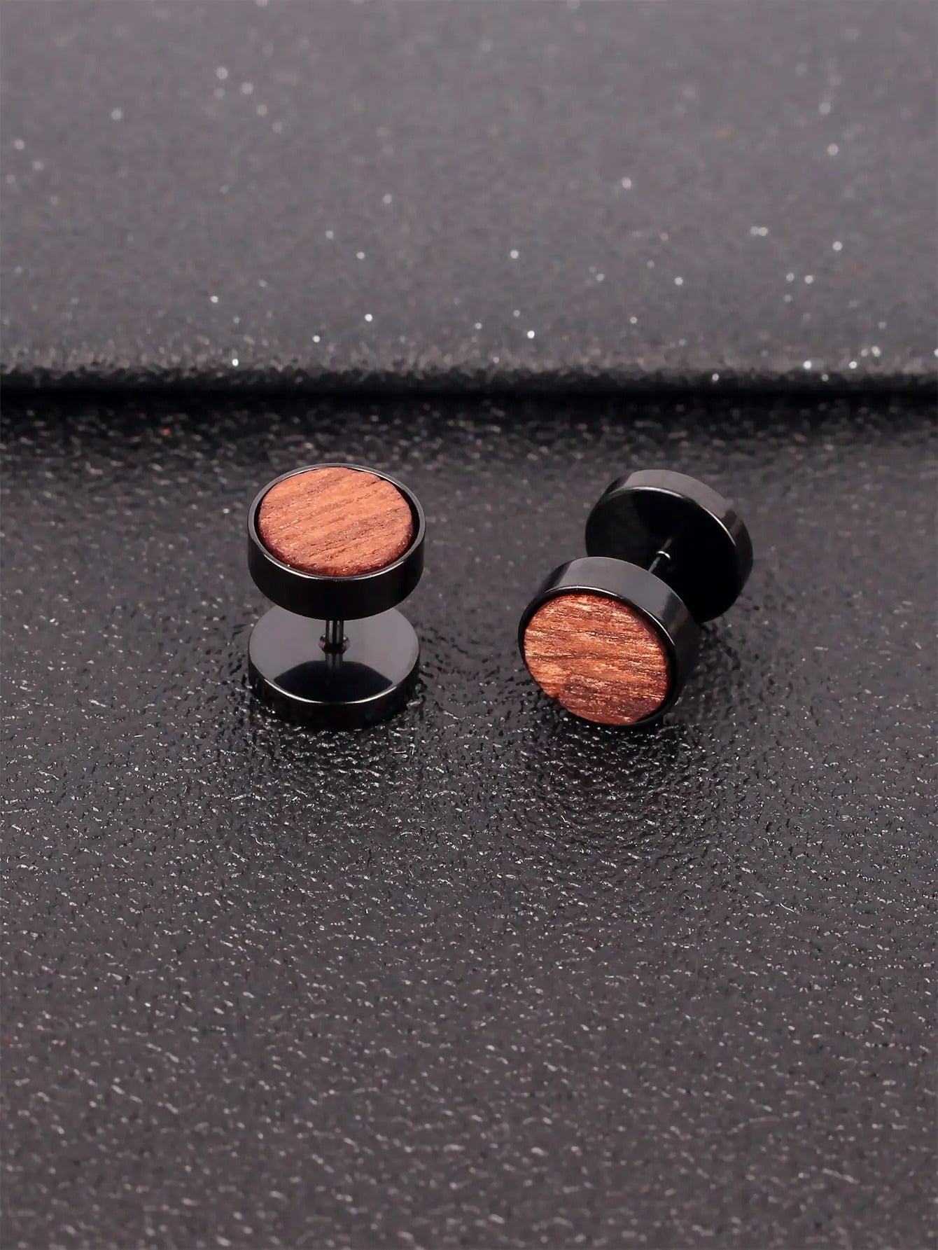 2Pc Men Wooden Round Stud Earrings Stainless Steel Punk Hip Hop Jewelry