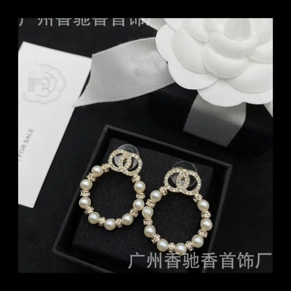 Elegant Double Diamond Pearl Earrings Chic Round Design Earrings for Women with Timeless Style