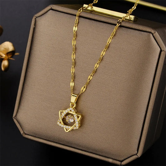 Star Stainless Steel Chain Necklace Transparent Rotate Zircon Pendant Necklace Couple Jewelry Christmas Gift