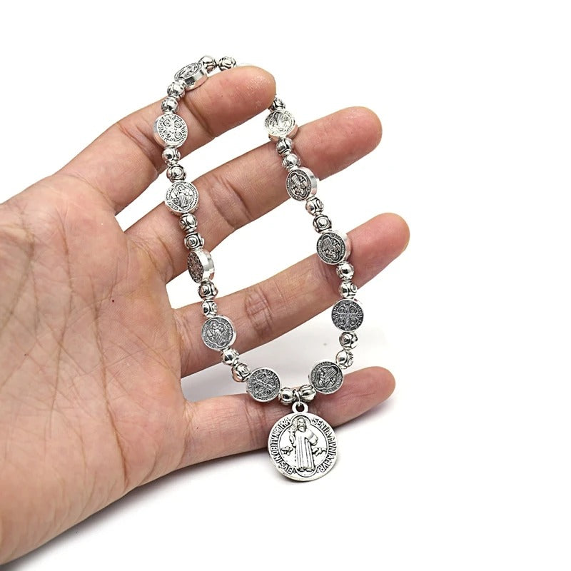 Catholic Vintage Metal Saint Benedict Pendant Bracelets Elastic Religious Rosaries