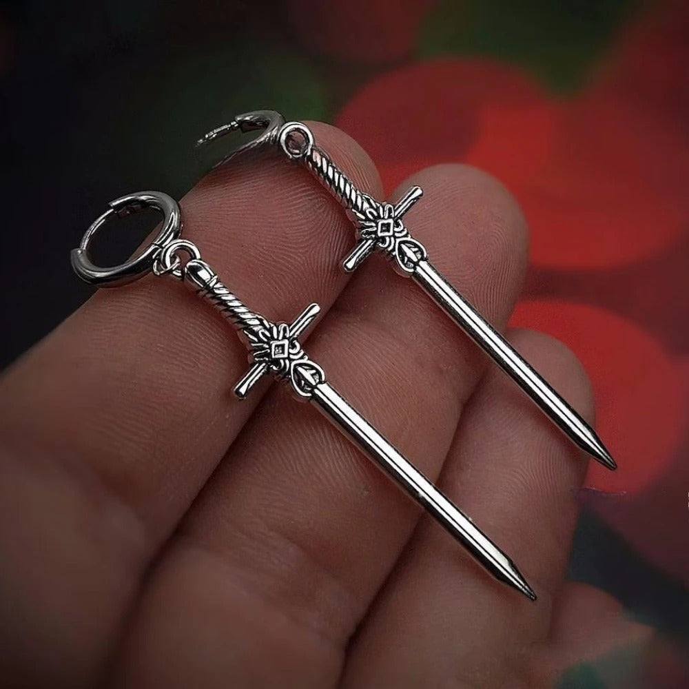 Punk Goth Sword Drop Dangle Earrings for Men Hip Hop Style