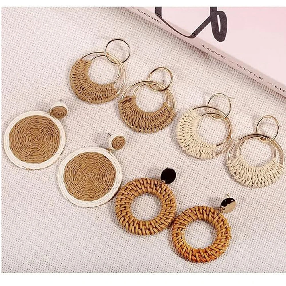 1 or 4 Pairs Wicker Hoop Earrings Summer Beach Jewelry for Women