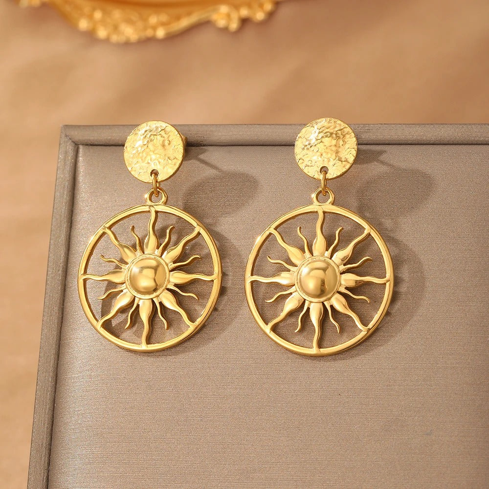Stainless Steel Sunflower Circle Dangle Earrings Women Luxury Jewelry