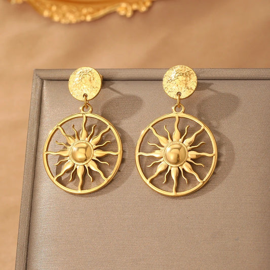 Stainless Steel Sunflower Circle Dangle Earrings Women Luxury Jewelry
