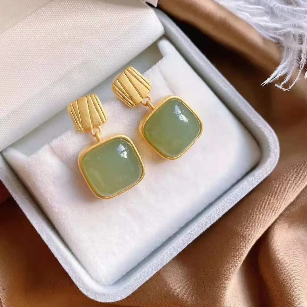 Exaggerated Green Jade Square Drop Earrings Women Jewelry Gift