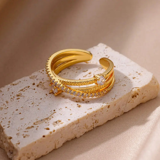Gold Cross Zircon Open Ring Stainless Steel Minimalist Adjustable Jewelry for Women.
