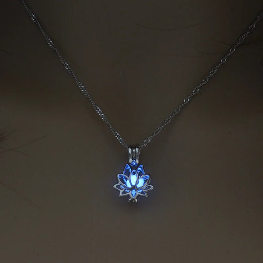 Luminous Glowing In The Dark Moon Lotus Flower Shaped Pendant Necklace For Women Yoga  Jewelry