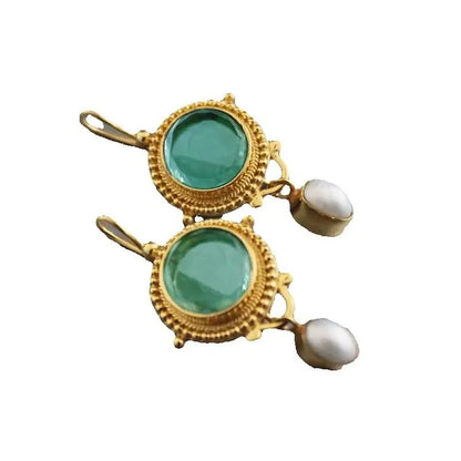 2 Pcs Vintage Round Green Pearl Dangle Earrings Women Jewelry